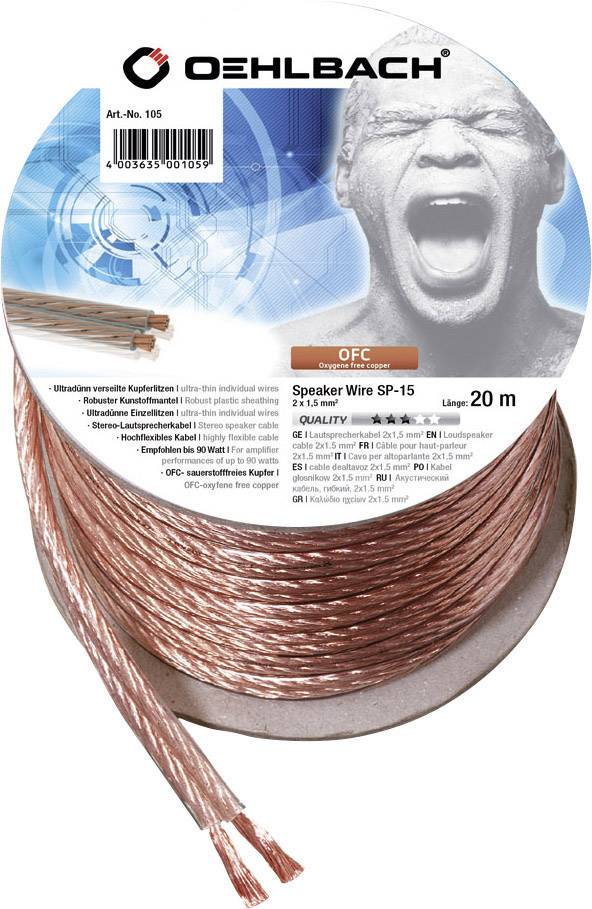 '20 m Speaker Cable, Oehlbach, OFC, SP-15, on Reel, for High-Quality Audio Sound.'Note: This translation uses British English spelling and phrasing while maintaining the technical specifications and original meaning.