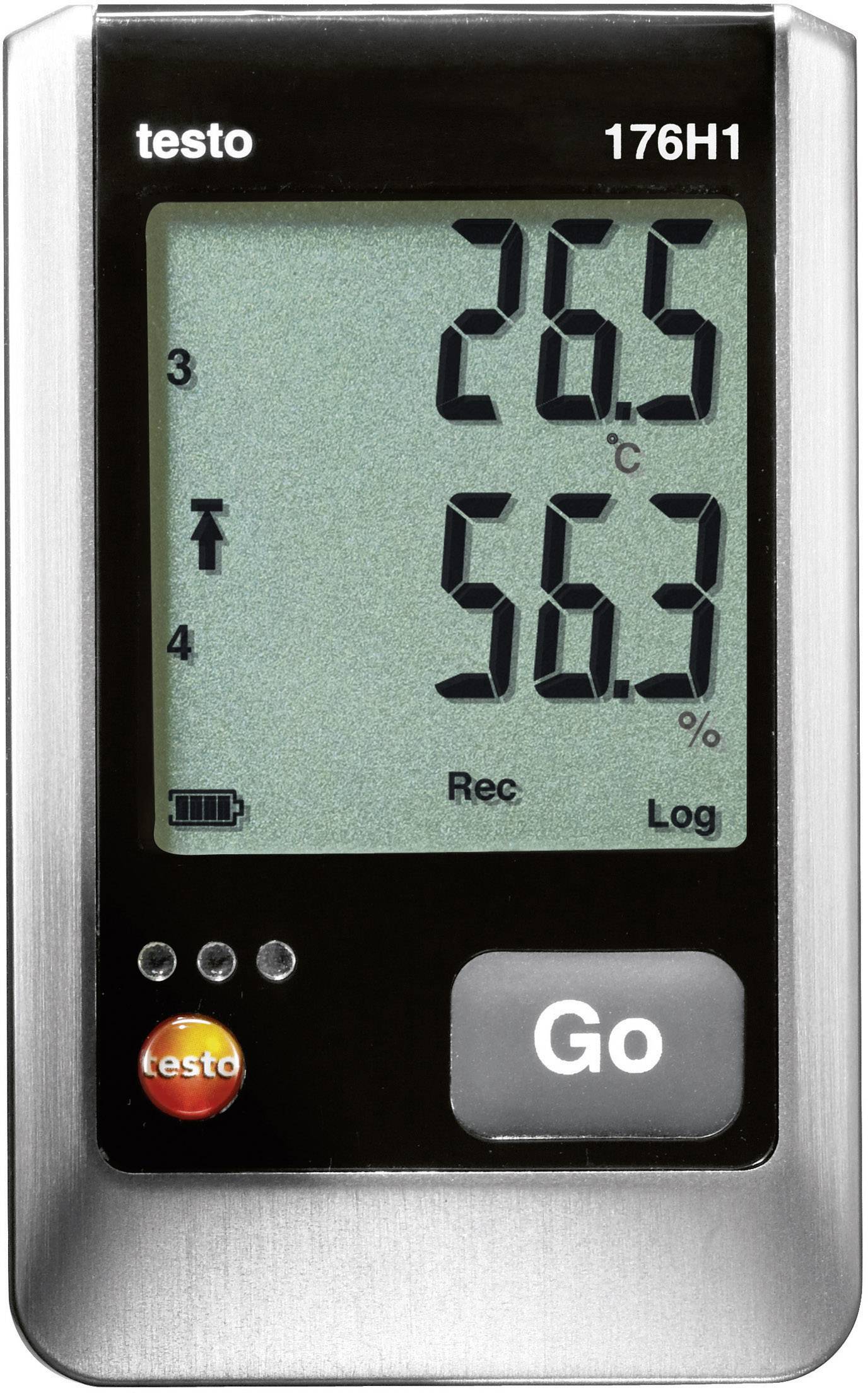 Digital thermometer and hygrometer displaying temperature of 26.5°C and humidity of 56.3%. Green backlight.
