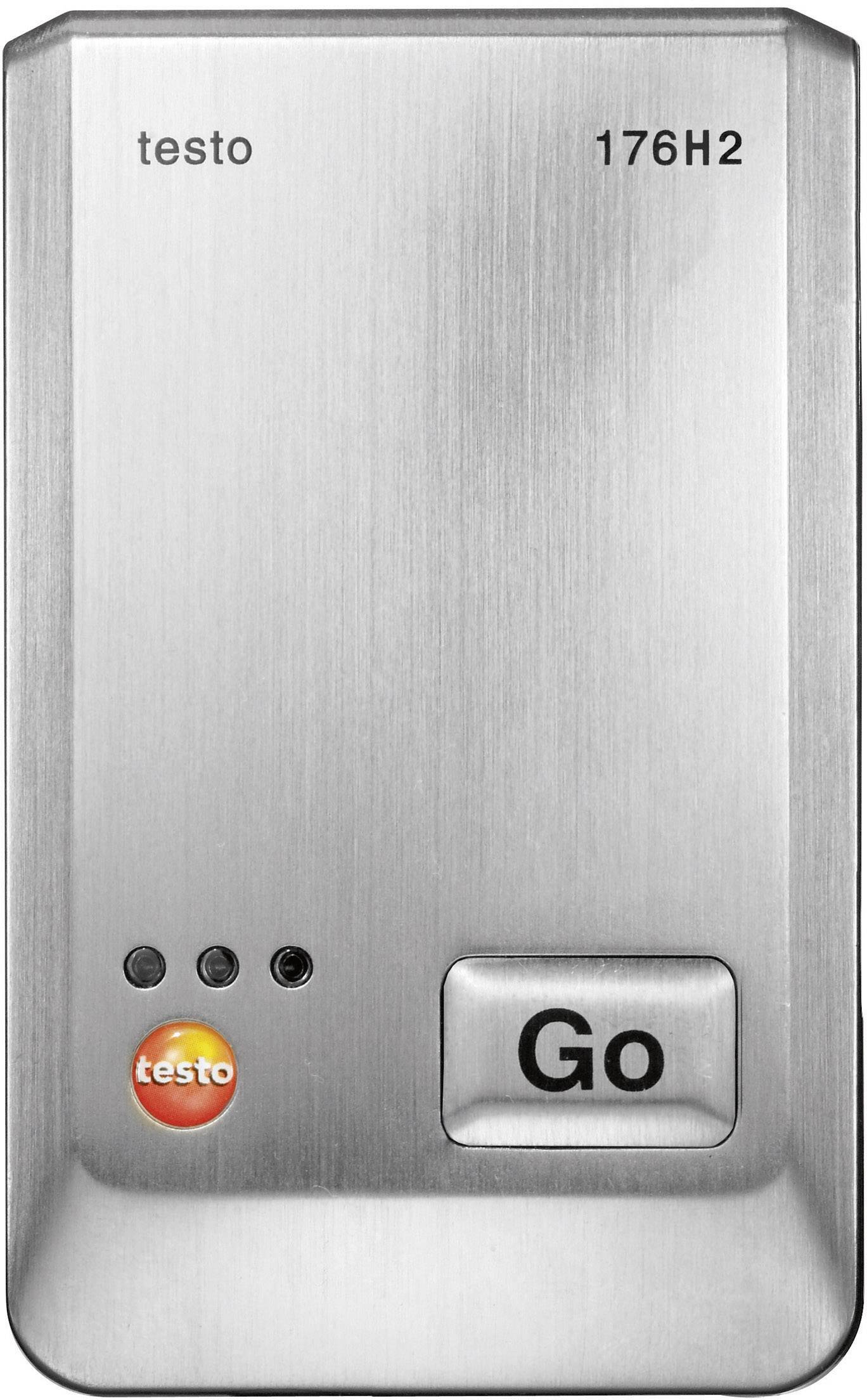 A silver data logger with the inscription 'testo 176H2' at the top and a button marked 'Go' in the bottom right.