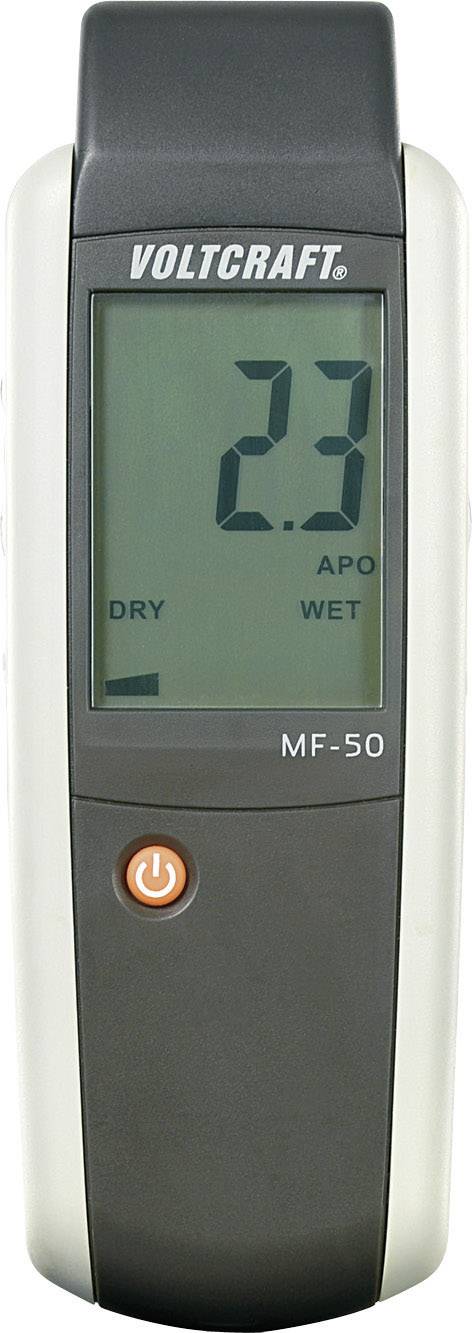 A moisture metre with a digital display shows a reading of 2.3. 'VOLTCRAFT' is displayed at the top, with the power button located at the bottom.