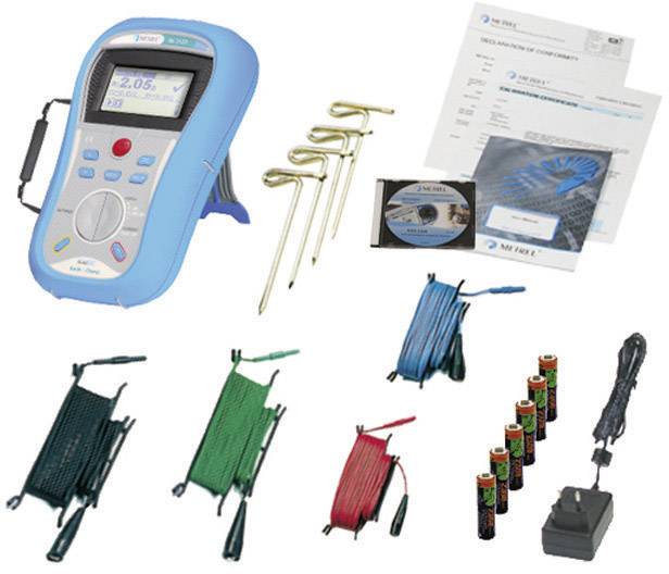 Device for safety inspection of electrical installations with accessories, including test leads, earth stakes, instruction manual and test protocols.