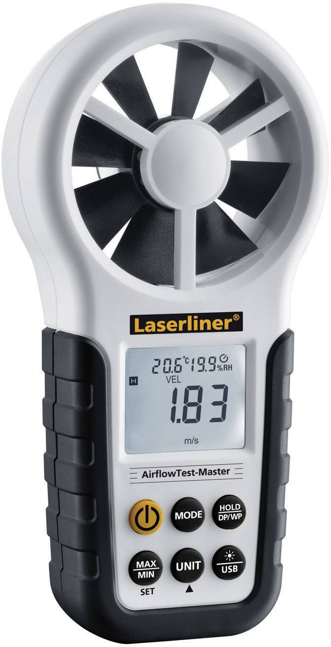 Handheld anemometer with propeller for measuring air flow. Digital display shows '1.83 m/s'. Brand name 'Laserliner' visible.