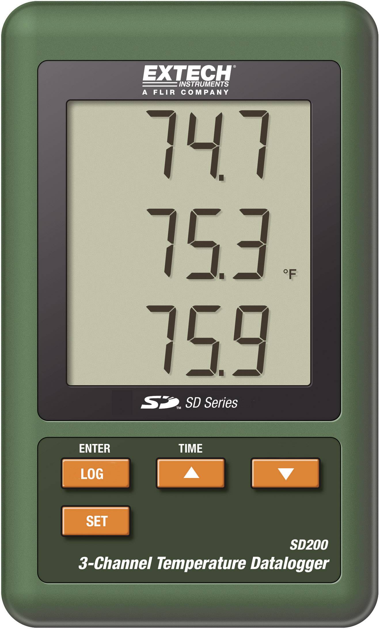 Extech SD200 three-channel temperature data logger displays temperatures of 74.7°F, 75.3°F and 75.9°F.