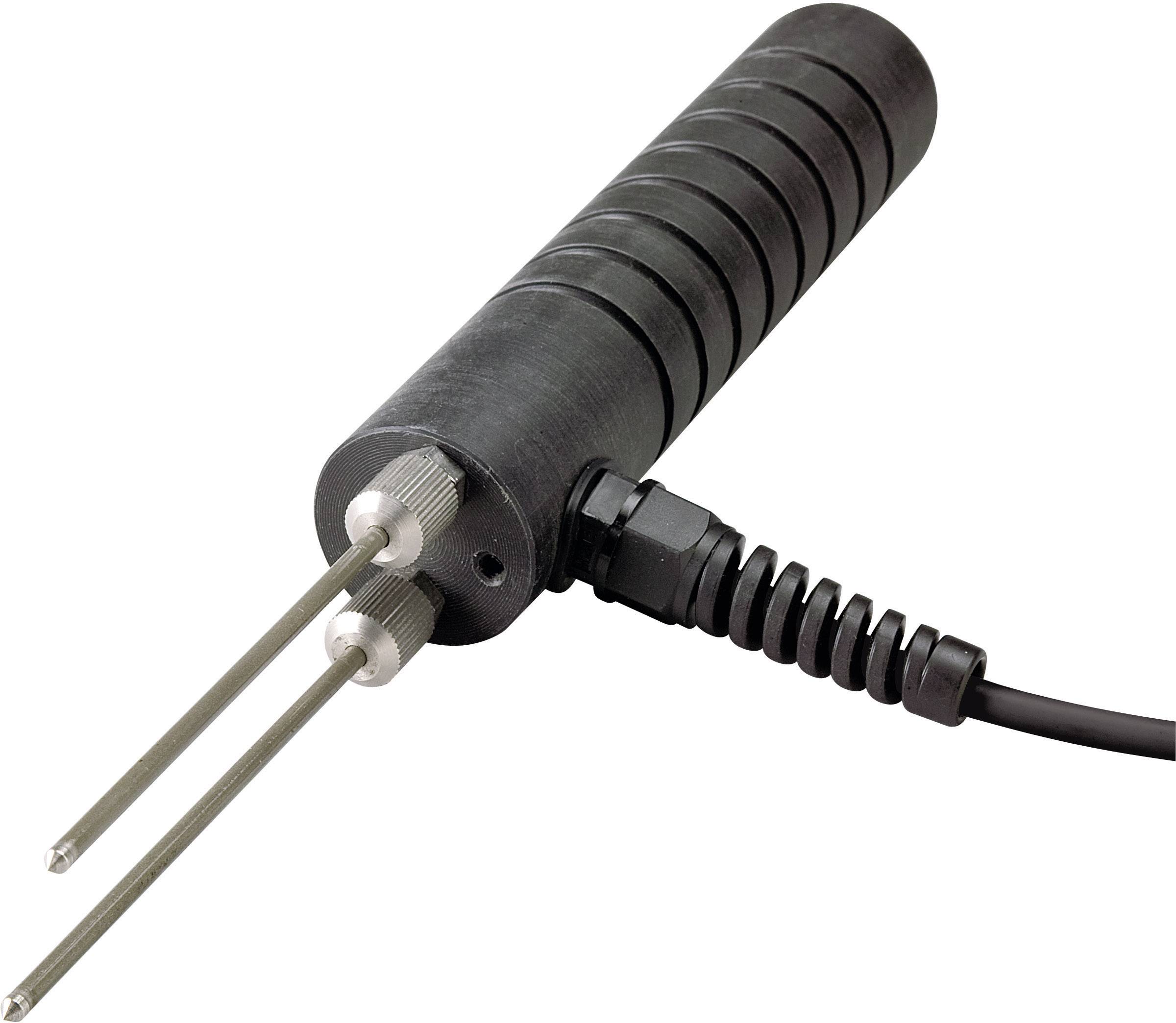 A black moisture metre with two silver probes and a cable, used for measuring soil moisture.