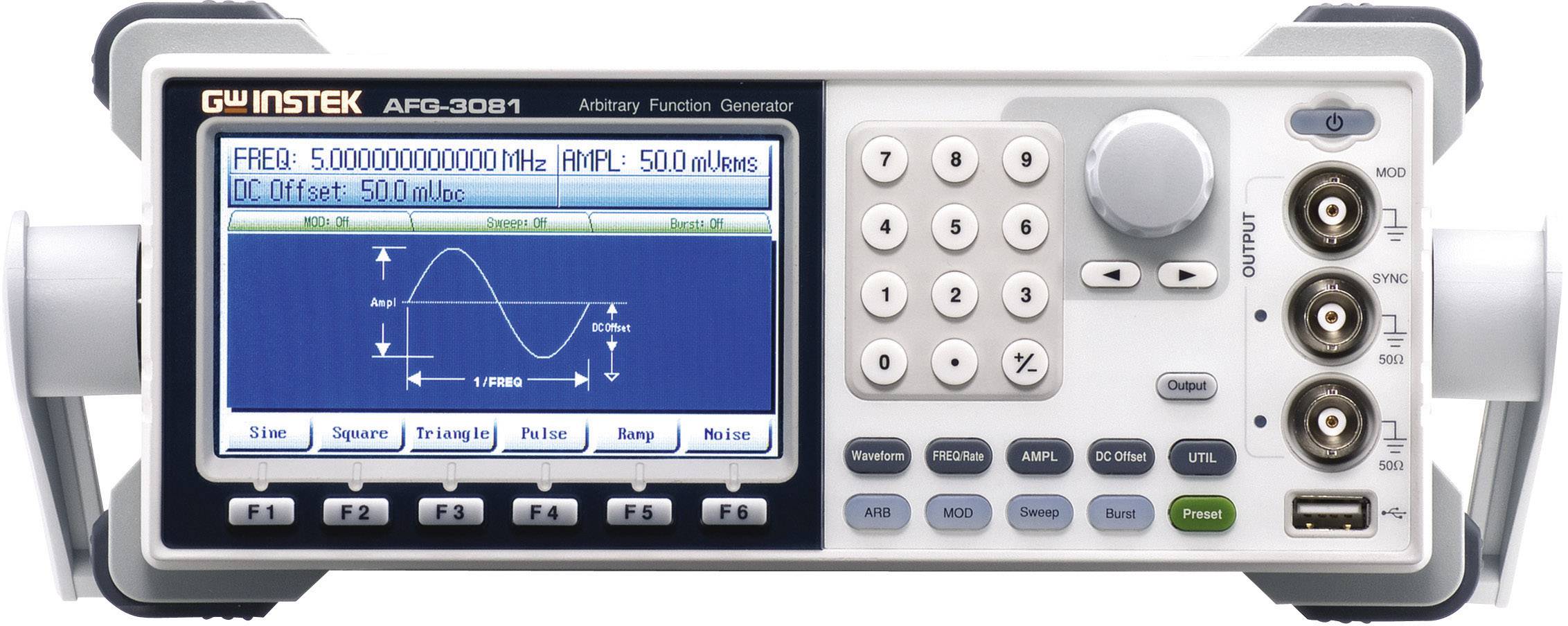 Frequency generator with digital display showing sine wave at 500 MHz and 500 mVp-p amplitude. Control panel with buttons and connections.