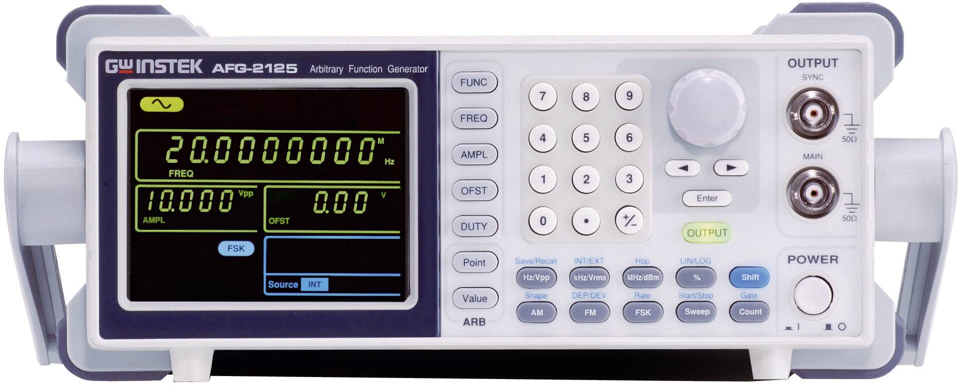 Function generator with digital display. Shows frequency of 20 MHz and amplitude of 10 V. Numerical keypad and controls included.