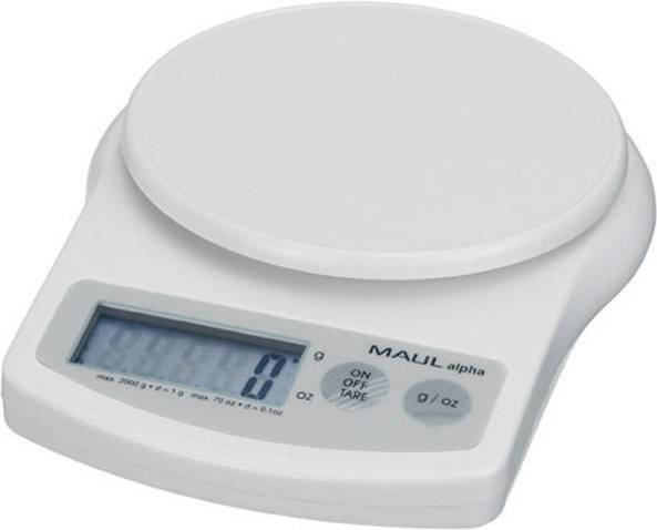 White digital kitchen scales with a round weighing plate and an LCD display showing 