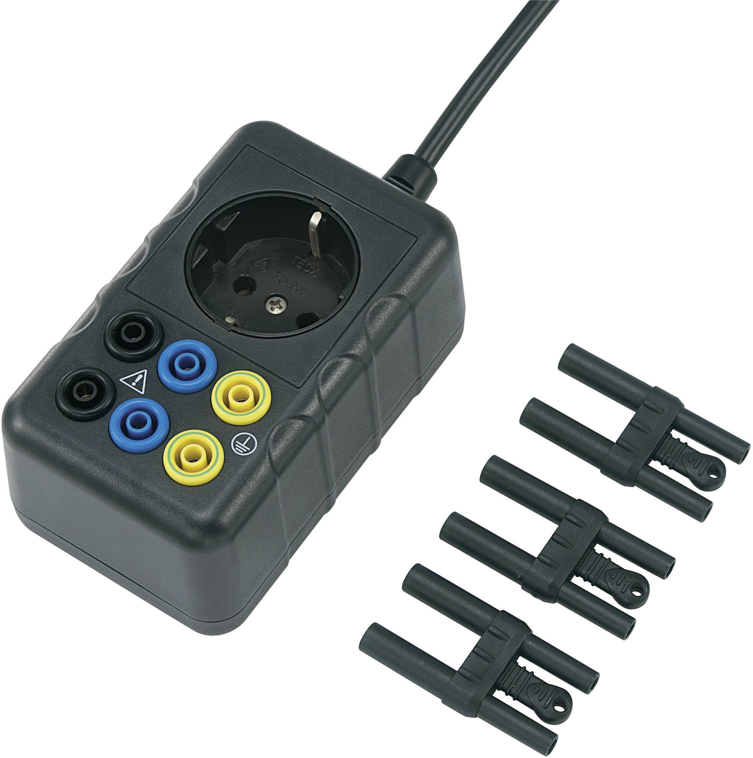 Black insulation measuring device with measuring sockets and test plugs, suitable for checking electrical protective measures in Schuko power outlets.