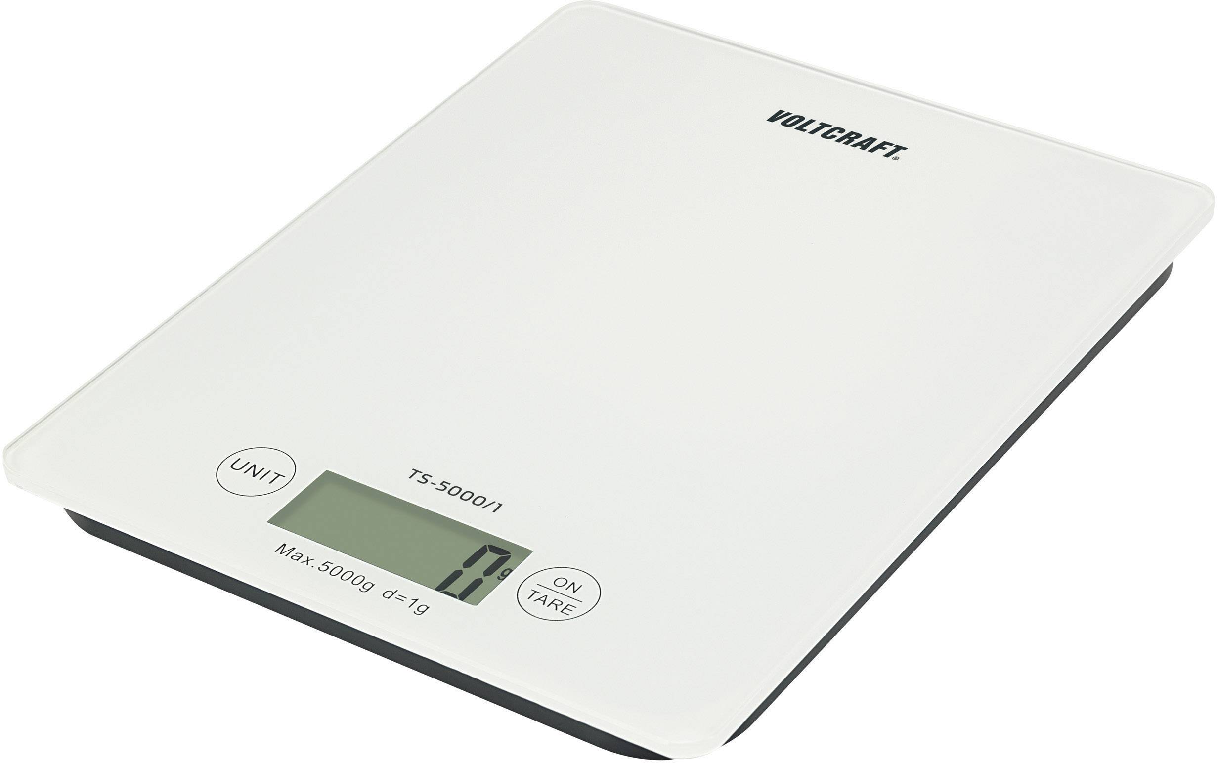 Digital kitchen scales in white showing zero. Brand name at the top, 'UNIT' and 'ON/TARE' buttons visible. Maximum capacity 5000g.