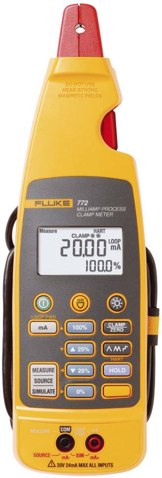 Digital current measuring device with display showing '20.00 mA' and '100.0%'. Surrounded by controls for current measurement and simulation.