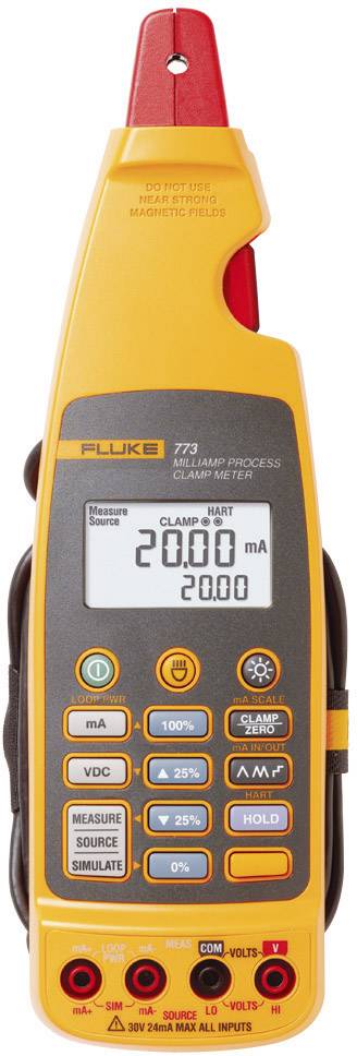 A yellow digital clamp meter with a display showing '20.00 mA'. Buttons for selecting measurement values and functions.