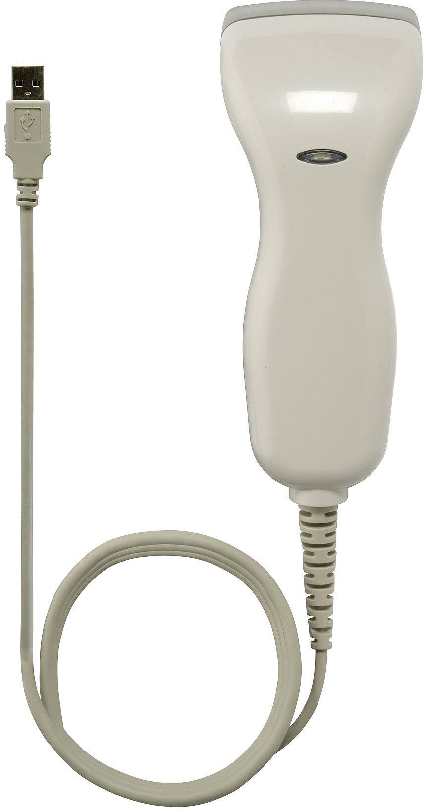 A white portable barcode scanner with a USB cable, pictured against a grey background.
