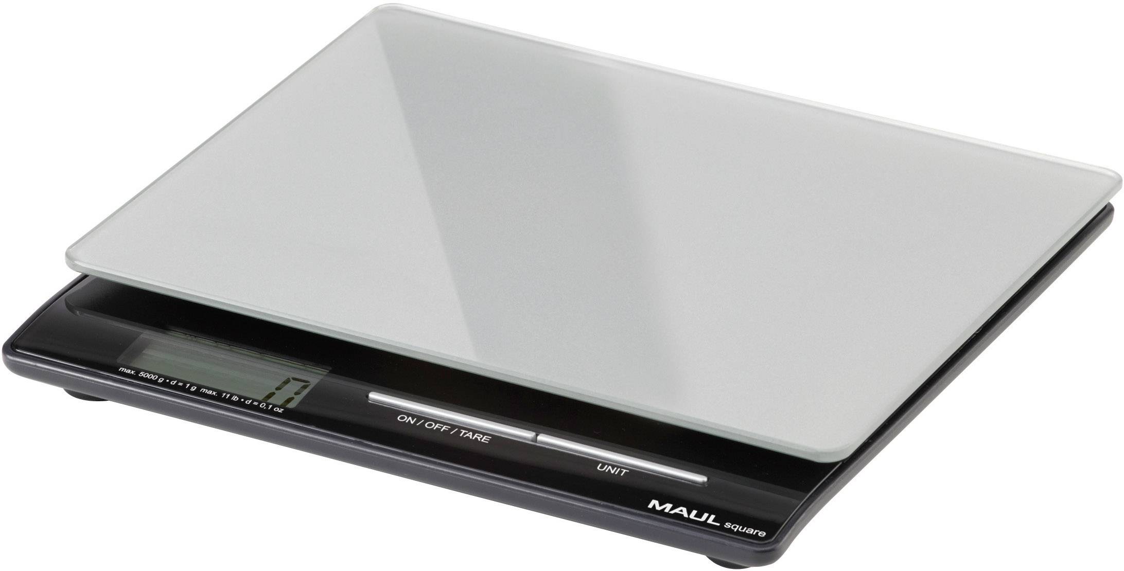 Electronic kitchen scales with a glass surface, digital display, and controls for power on/off and weight units.
