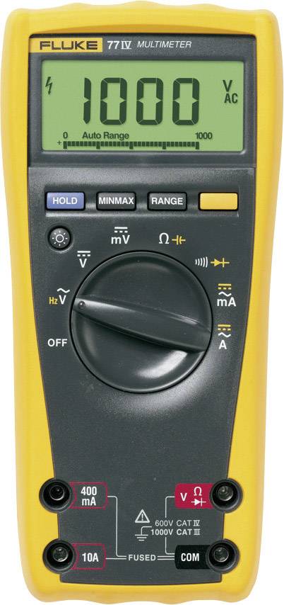 A yellow digital multimeter displays a reading of 1000 volts AC. It has buttons for selecting function and range.