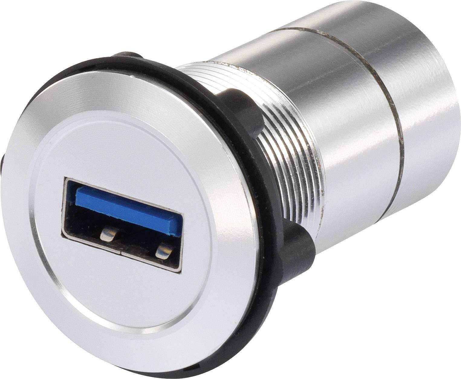 USB port with stainless steel housing, suitable for installation in devices for data access or charging devices.