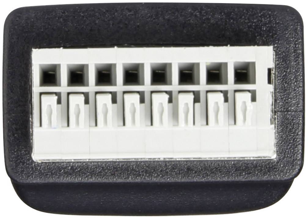 A black rectangular connector with multiple white sockets used for electronic connections.