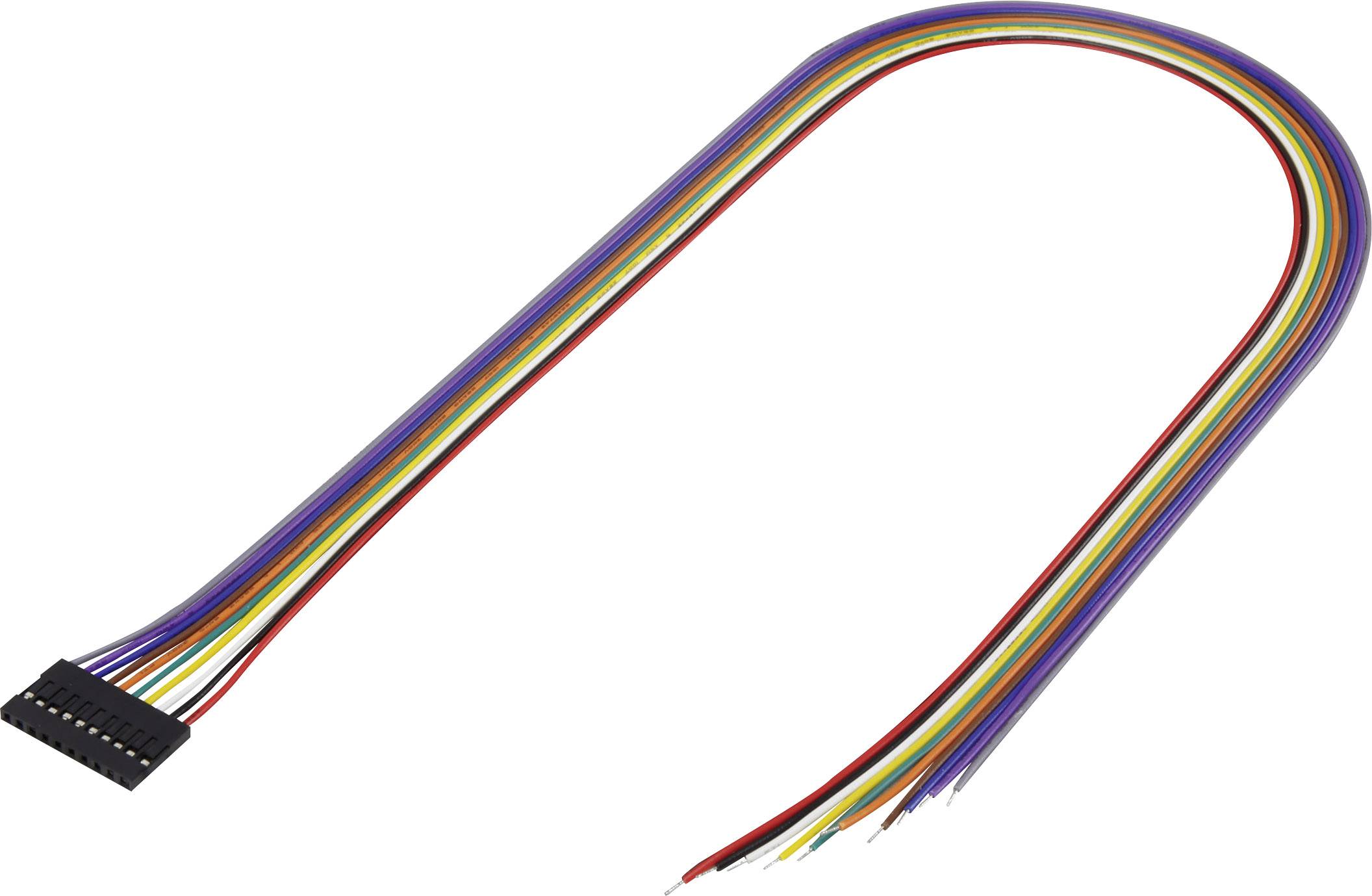 Flat ribbon cable with ten coloured conductors extending from a black plastic connector.