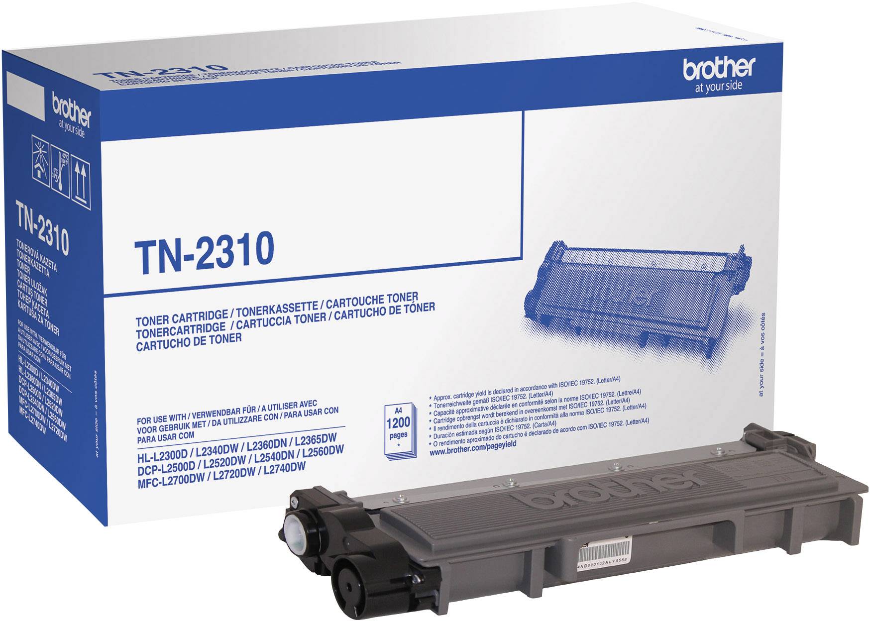 Box of a Brother TN-2310 toner cartridge next to the cartridge. Contains toner for printer, lasts up to 1,200 pages.