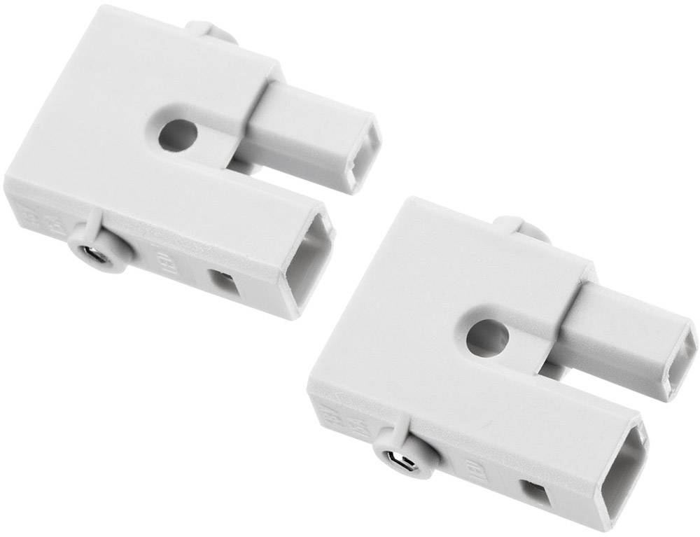 Two grey plastic connectors with a rectangular shape and screws, used for electrical connections.