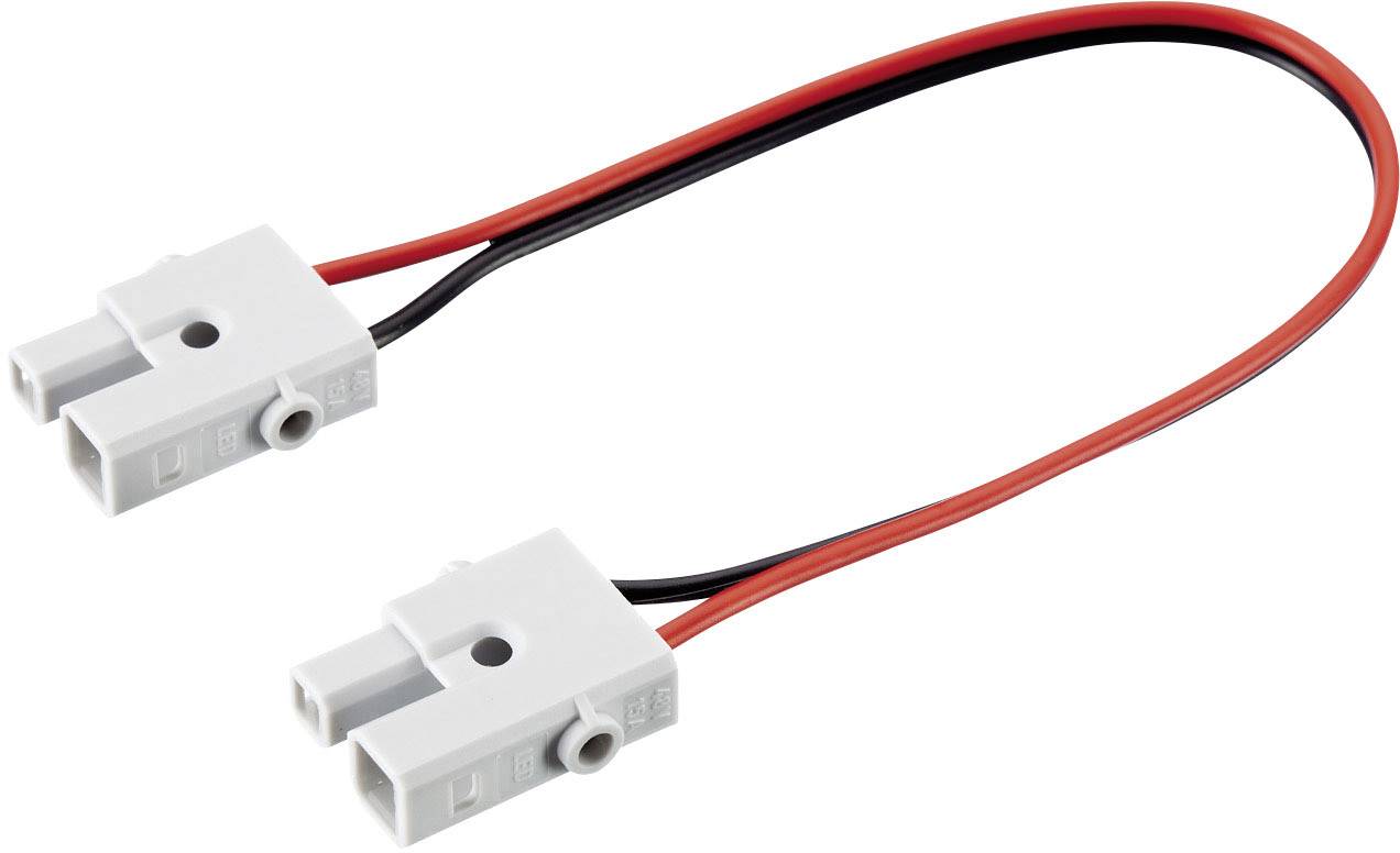 Two grey electrical connectors, connected by red and black cables.