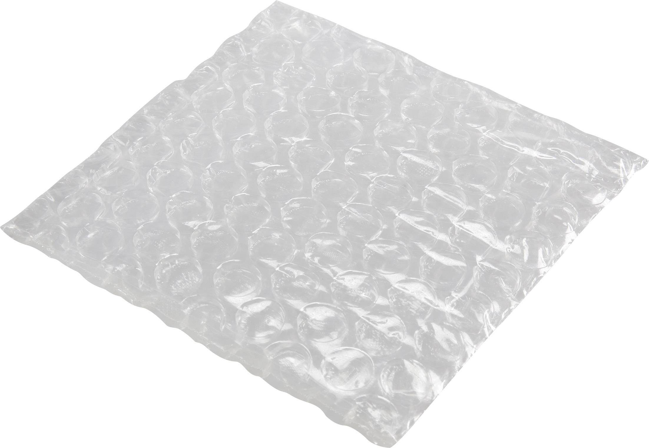 A rectangular bubble wrap, transparent, with regularly distributed, round chambers. Primarily protective material.