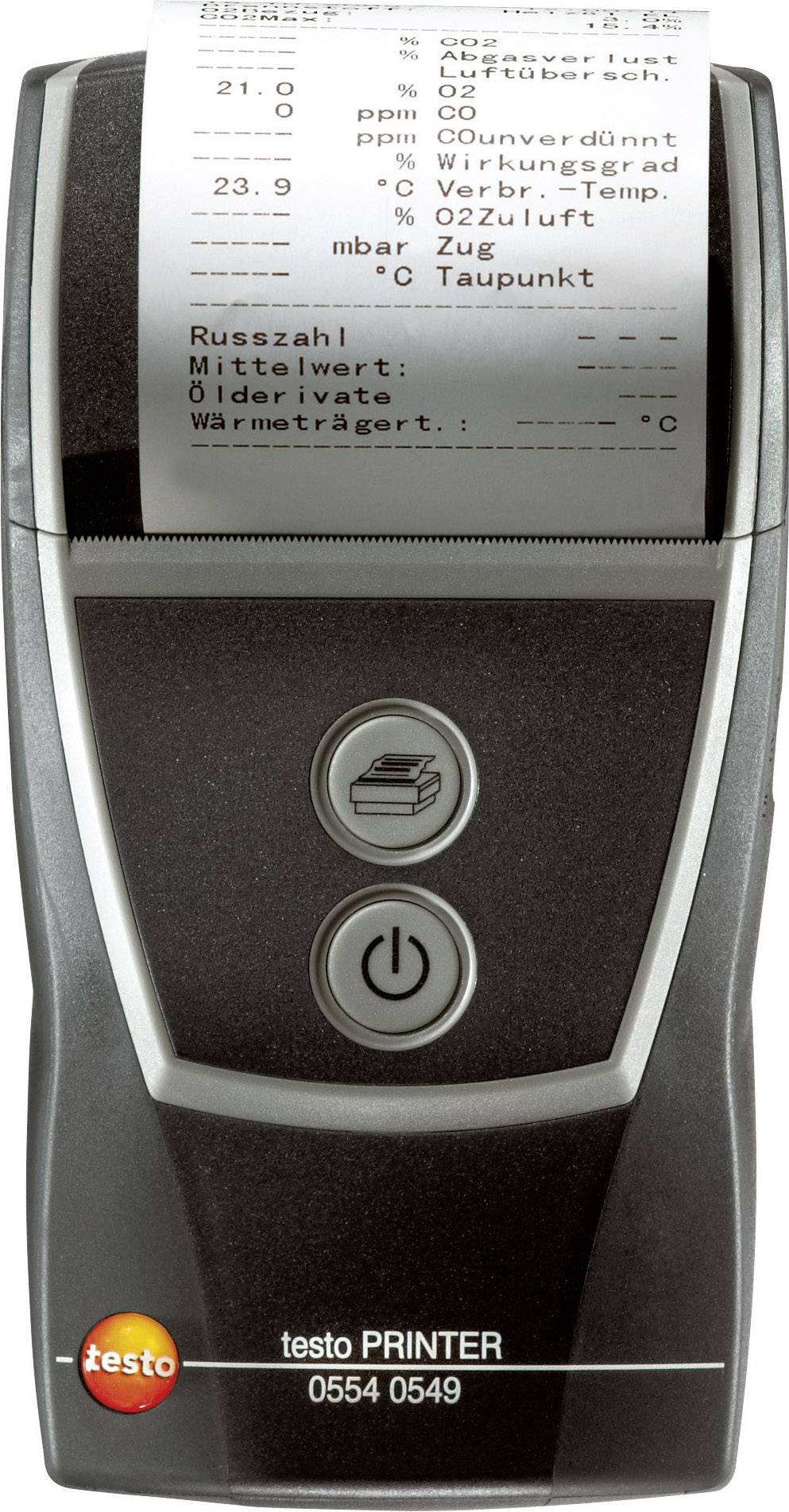 Portable printer with paper roll, displaying temperature and pressure data. Power and print buttons are visible.