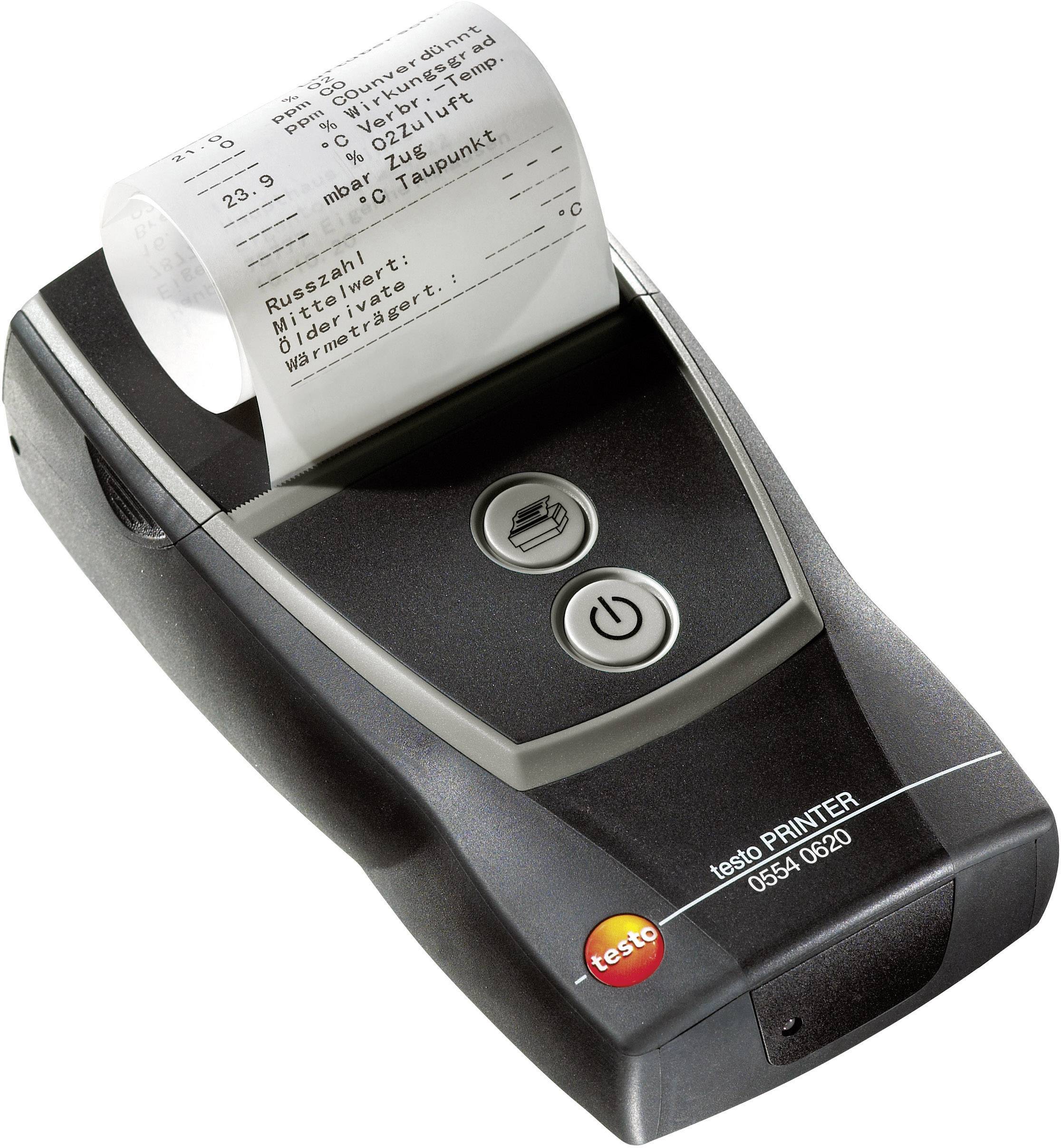 A portable printer is printing thermal paper with measurement values such as temperature, humidity, and dew point.
