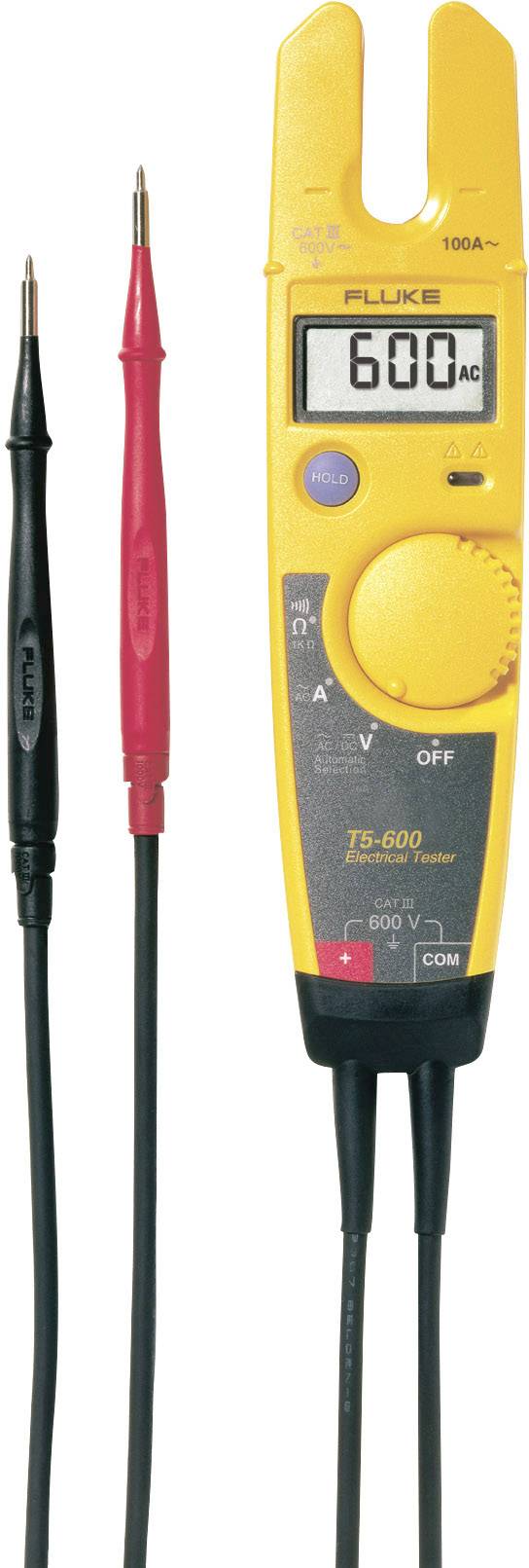 Digital voltage tester with a yellow casing, display showing '600 AC'. Two test probes, black and red, are positioned to the left.