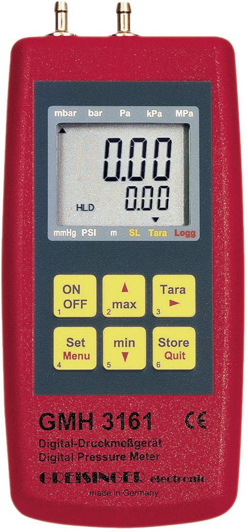 Digital pressure measuring device with red casing, display showing '0.00'. Buttons for On/Off, Max, Tare, Menu, Minimum, Store and Quit present.