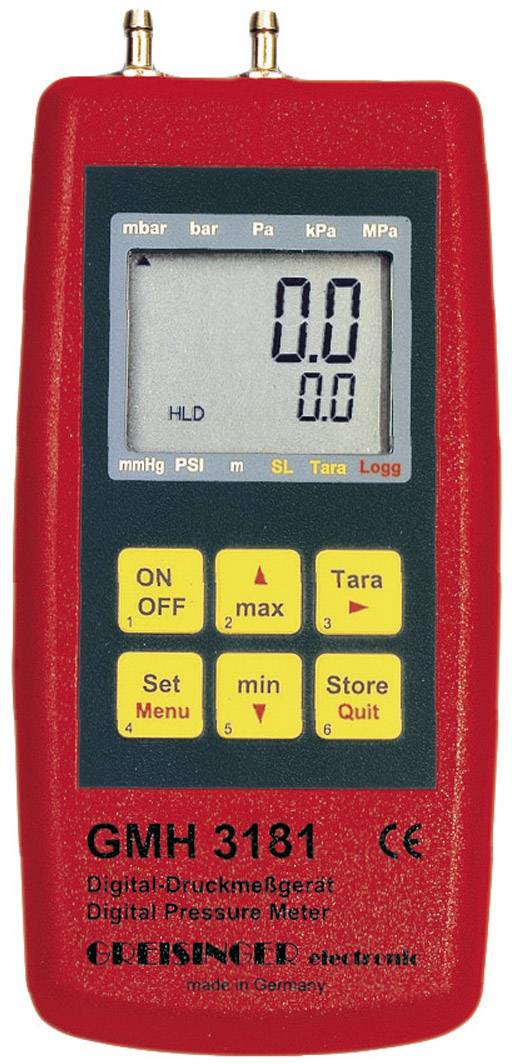 Red digital pressure measuring device with LCD display, showing '0.0'. Buttons: On/Off, Max, Min, Tare. Brand name below the display.