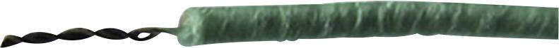 A detailed spiral lies beside a long, green rod or wire.