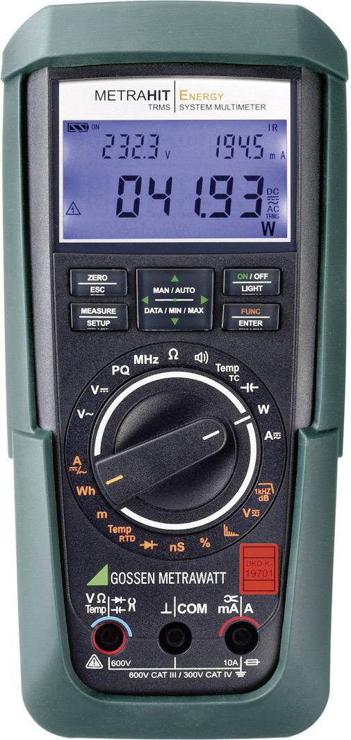Multimeter von Metrahit mit digitalem Display, zeigt 23.3°C, 194.5 IR und 41.93. Verschiedene Messmodi und Einstellungsoptionen.
