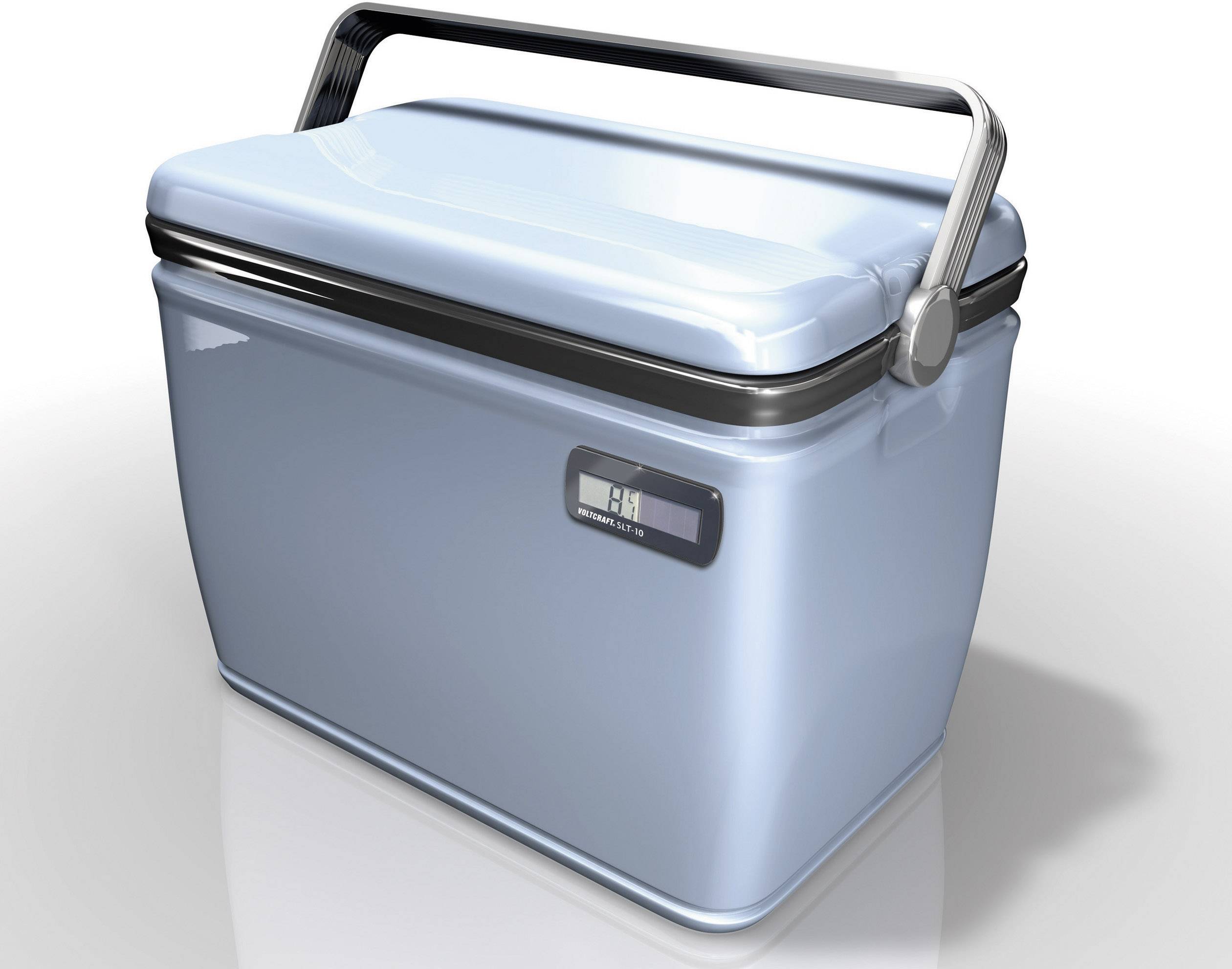 A blue, portable cool box with a silver handle, suitable for storing food and drinks.