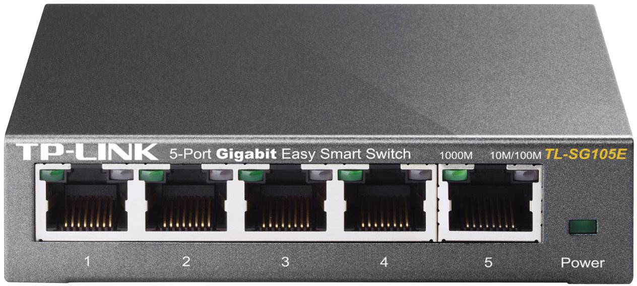 5-Port Gigabit Easy Smart Switch by TP-Link, Model TL-SG105E, featuring five Ethernet ports. Compact size for network applications.