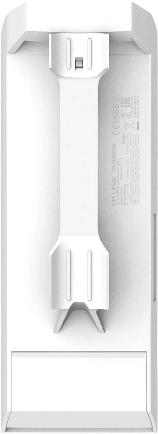 Rear view of a white TP-Link Wi-Fi extender with mounting slots. Text: 'CE 1588' and model details in the centre.