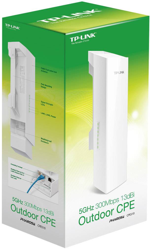 Packaging for a TP-Link 5GHz Outdoor CPE. Displays product image and technical specifications such as 300Mbps and 13dBi antenna gain.