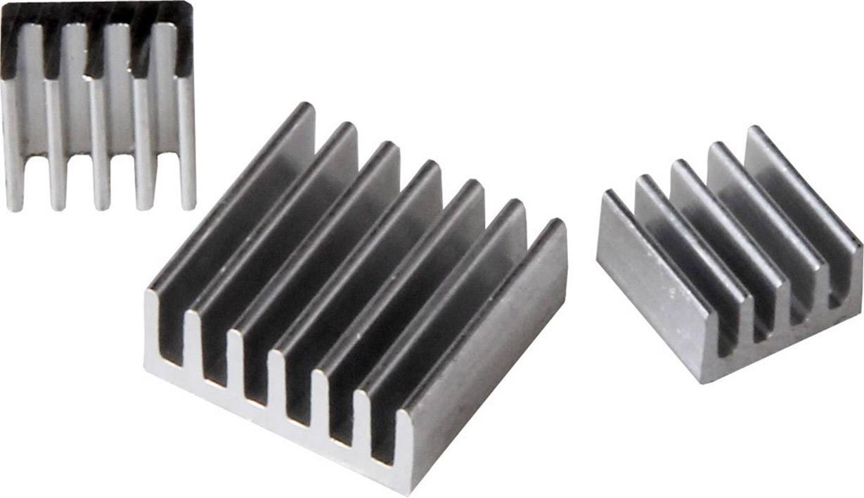 Three metal heat sinks used for heat dissipation. Different sizes, arranged side by side.