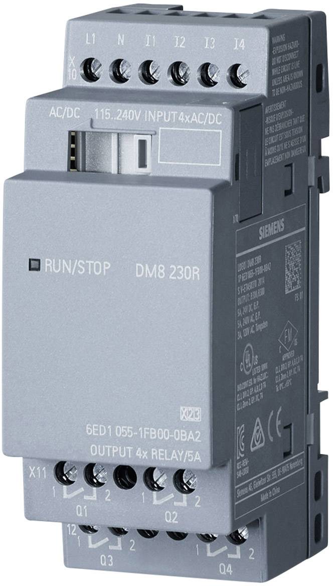 A grey Siemens relay module with 8 inputs and 4 relay outputs, suitable for voltages ranging from 115-240V AC/DC.
