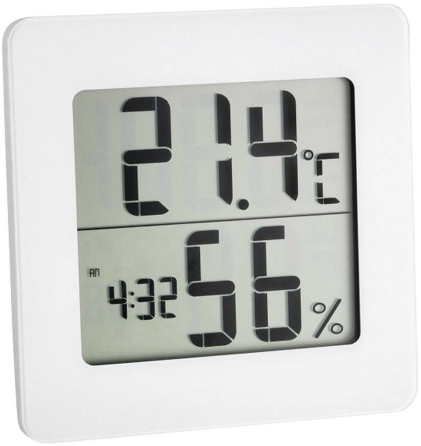 Digitales Thermometer und Hygrometer zeigt '21,4°C' und '56%' an. Uhrzeit '4:32 AM' wird ebenfalls angezeigt.