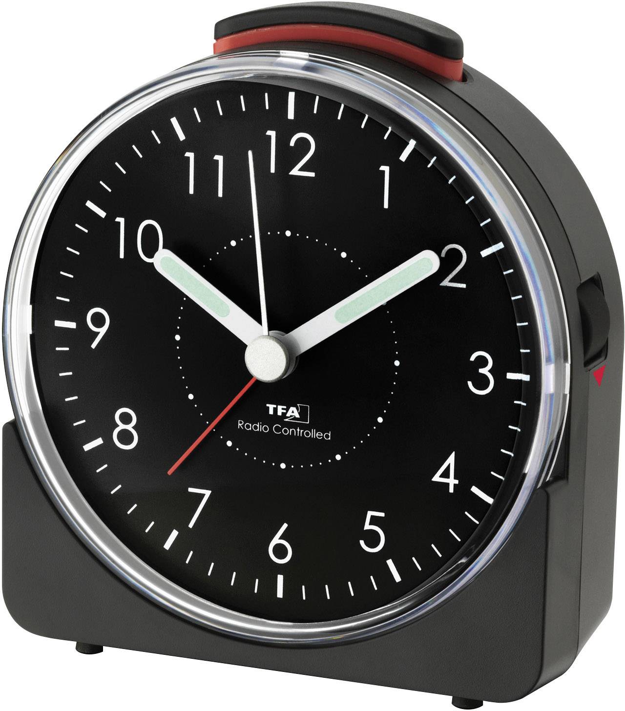 Black alarm clock with white hands and numbers on the dial, showing 6:15.