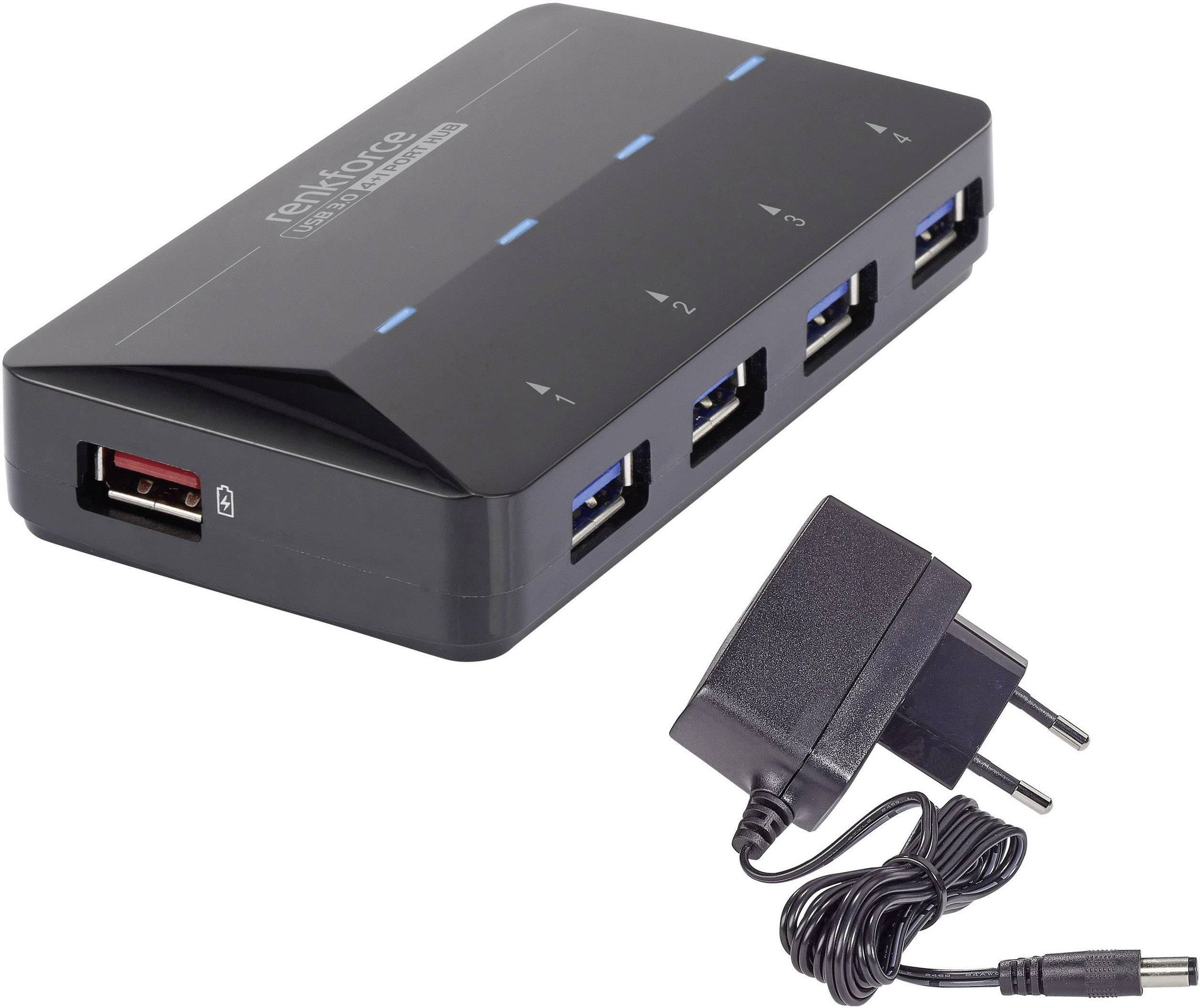 Multi-port USB hub with four blue ports and one red, alongside a power supply with a black cable.