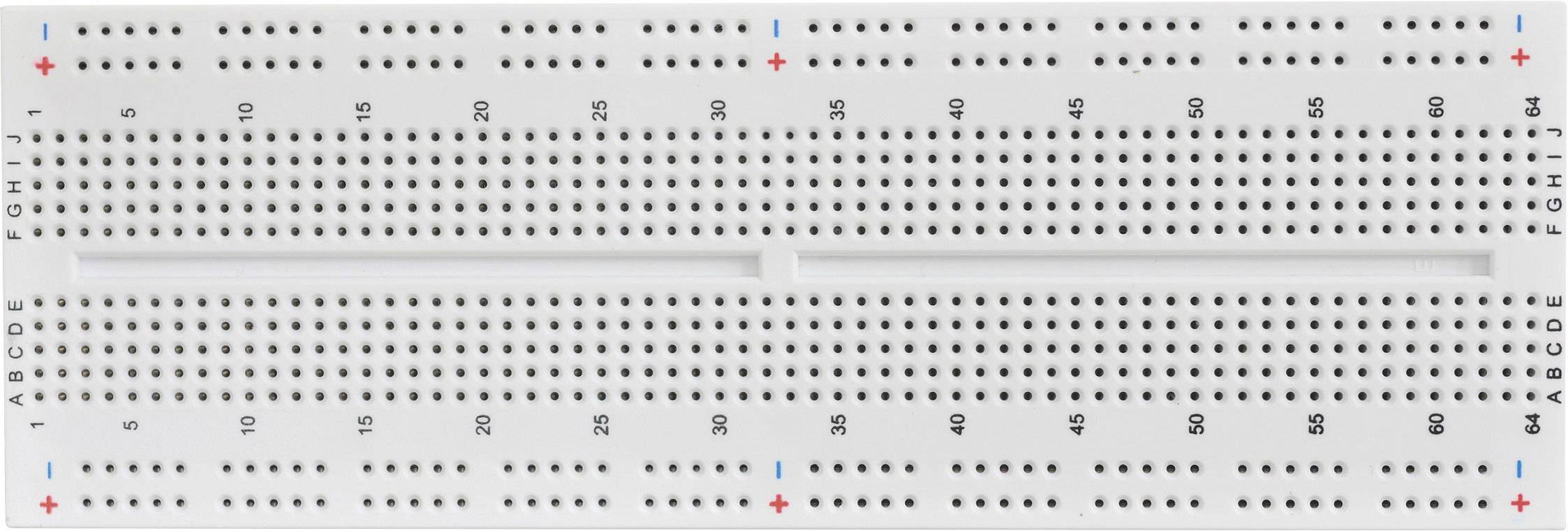 A white breadboard with multiple rows of holes for electronic components, marked with numbers and letters.