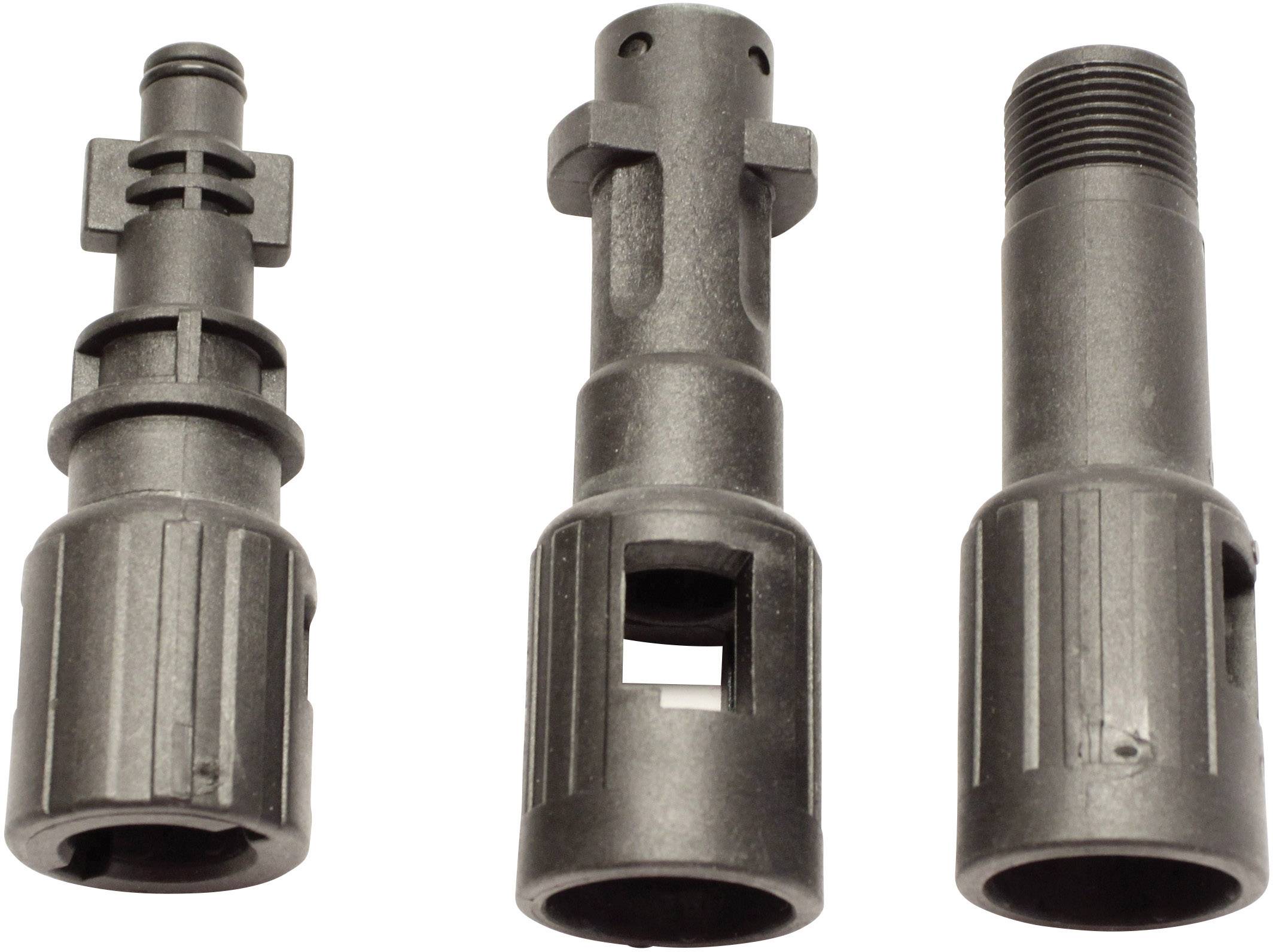 Three black plastic adapters in different shapes and sizes, positioned side by side.
