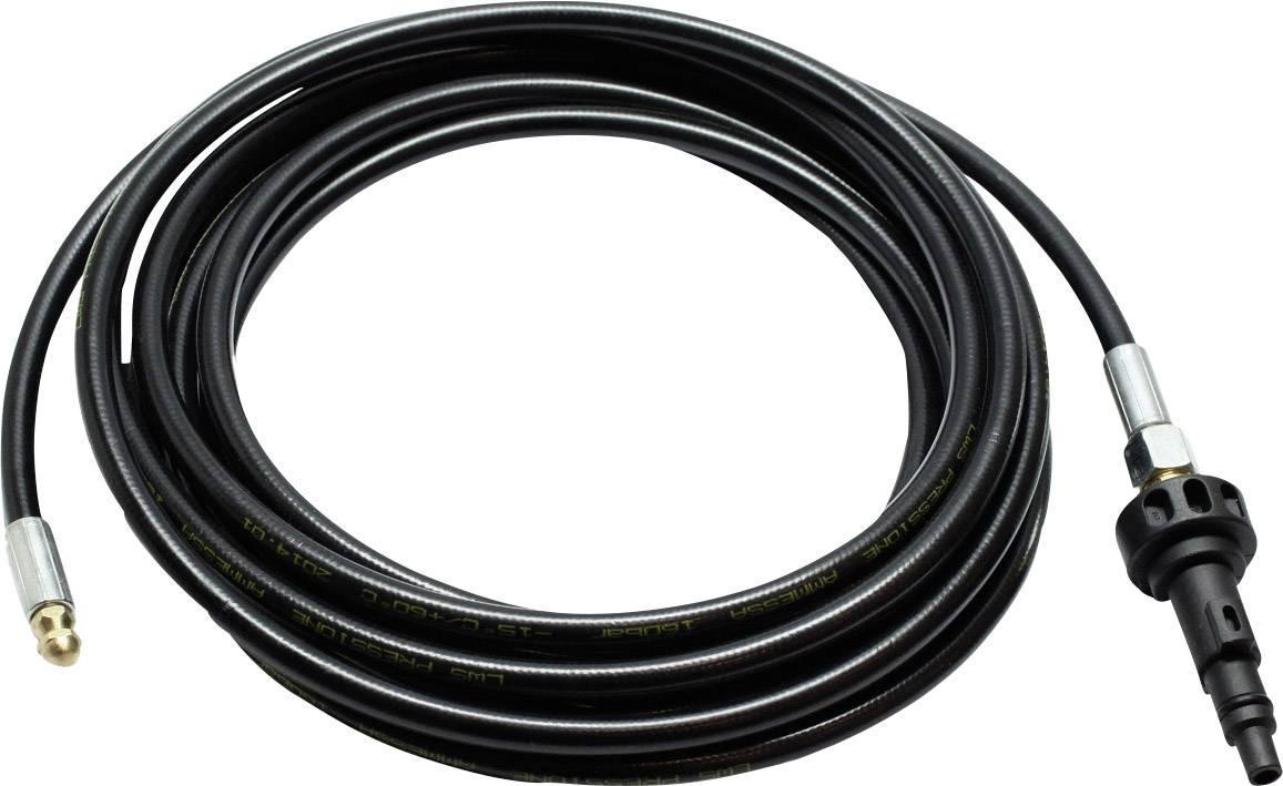 Black high-pressure hose with metal connections. Suitable for connecting to a pressure washer.