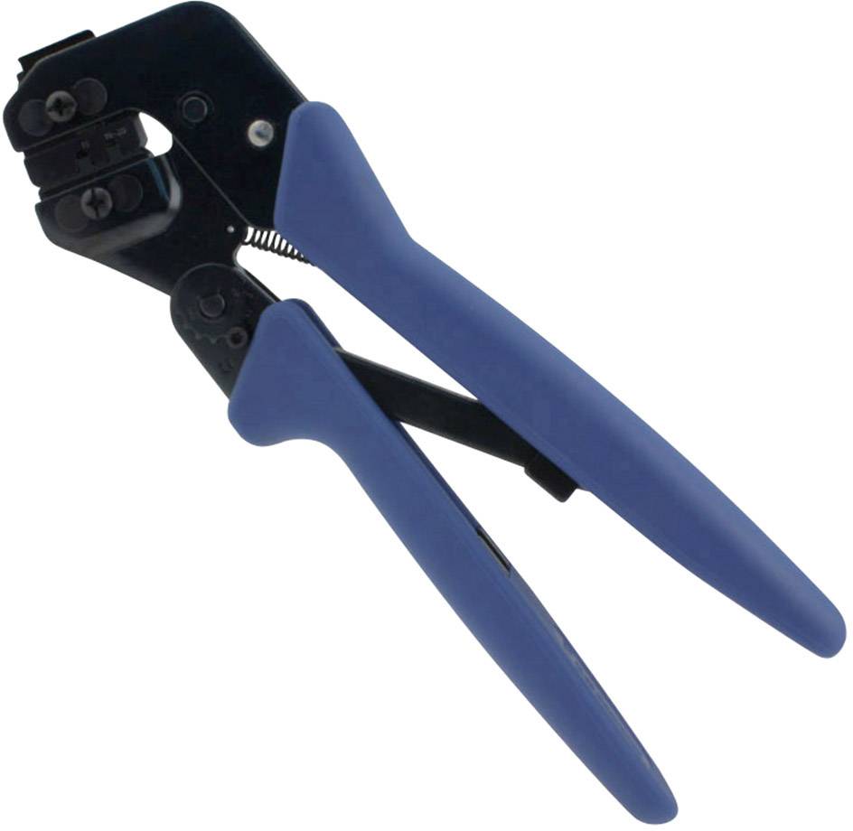 Crimping tool with blue handles, used for connecting cables and connectors by applying pressure.