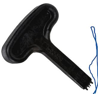A black T-bar key with a blue thread.