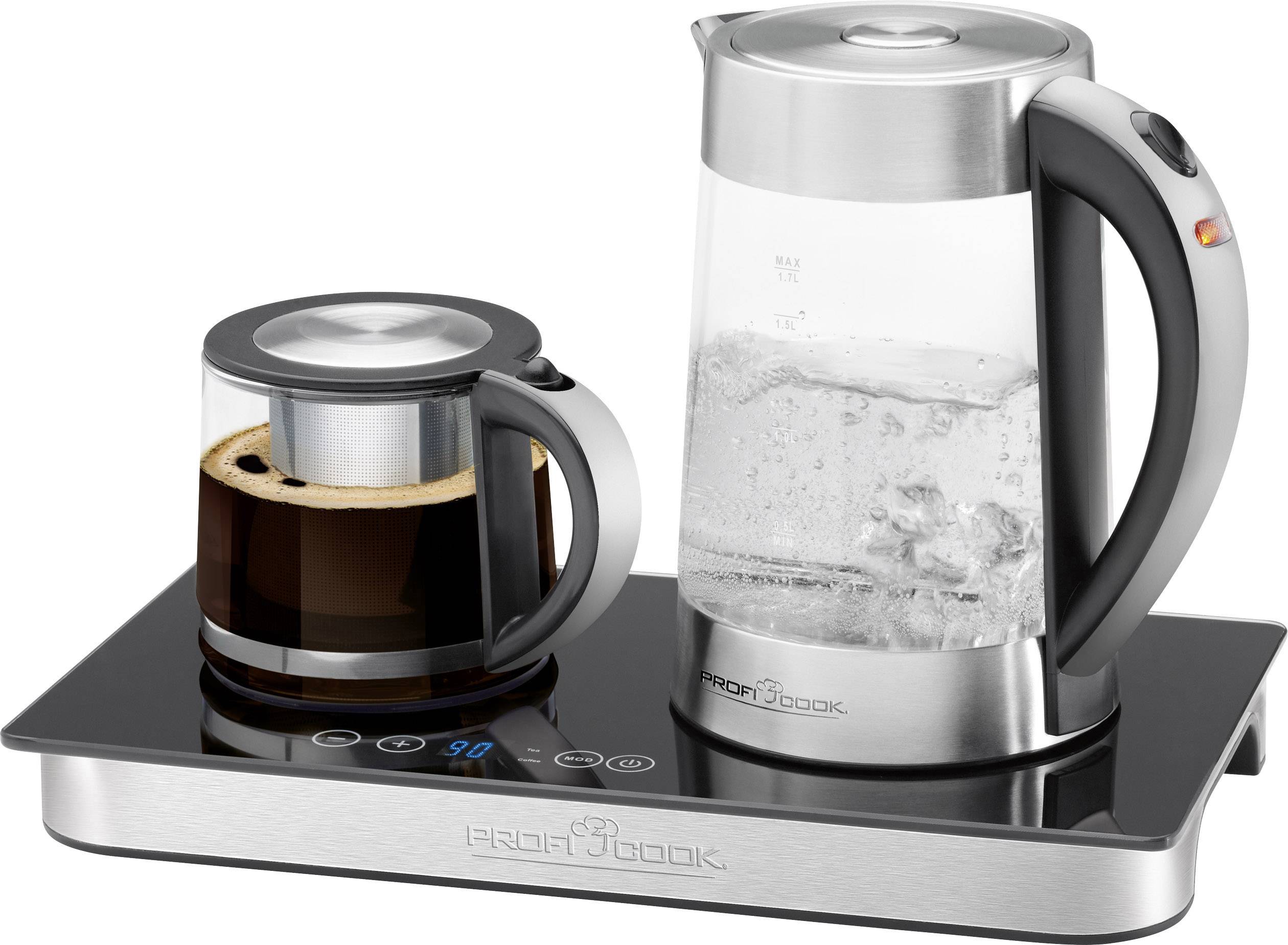 Electric kettle with boiling water and coffee pot on a hotplate. Both containers made of glass, with metal and plastic handles.