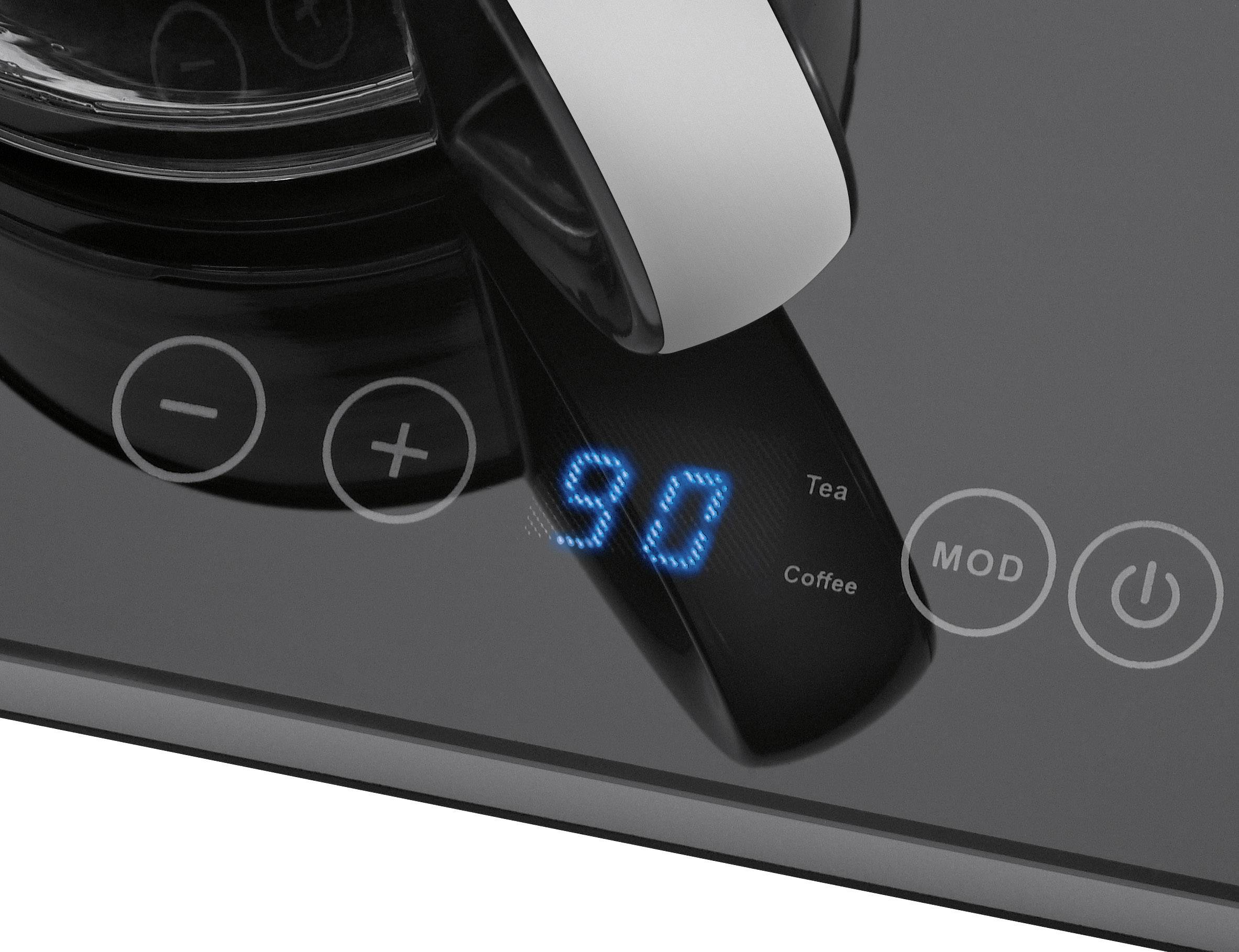 An electric kettle with a digital display shows '90' degrees. The buttons offer options for tea and coffee.