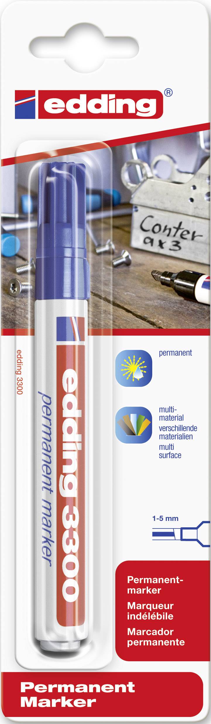 'edding 3300' Permanent Marker in packaging, suitable for multi-surfaces. Blue cap, red lettering. Office supplies in the background.