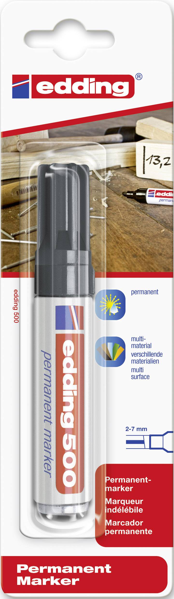 Edding 500 Permanent Marker in packaging, suitable for many surfaces, writing width 2-7 mm, colour Black.